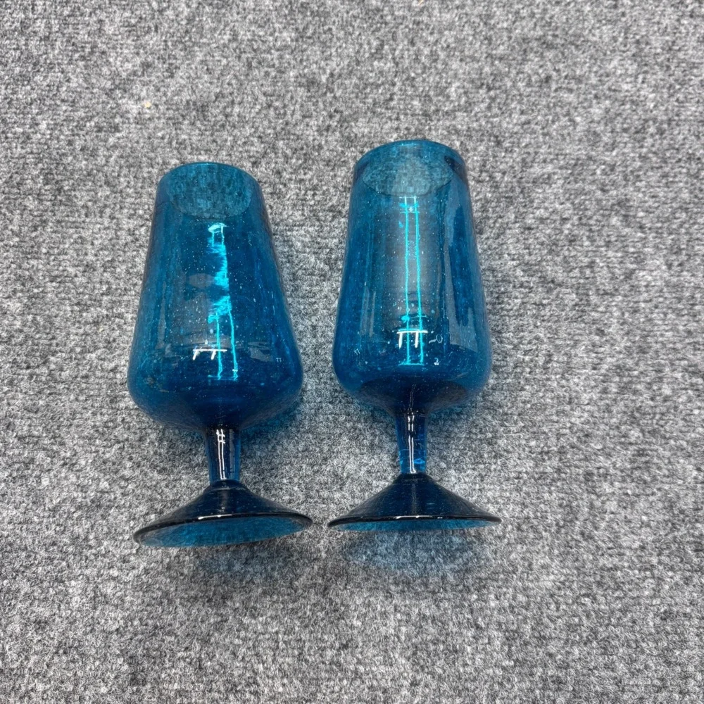 Handcrafted Bubble Glass Goblet Teal Blue Seeded Mid Century Coastal Boho 2 Pcs